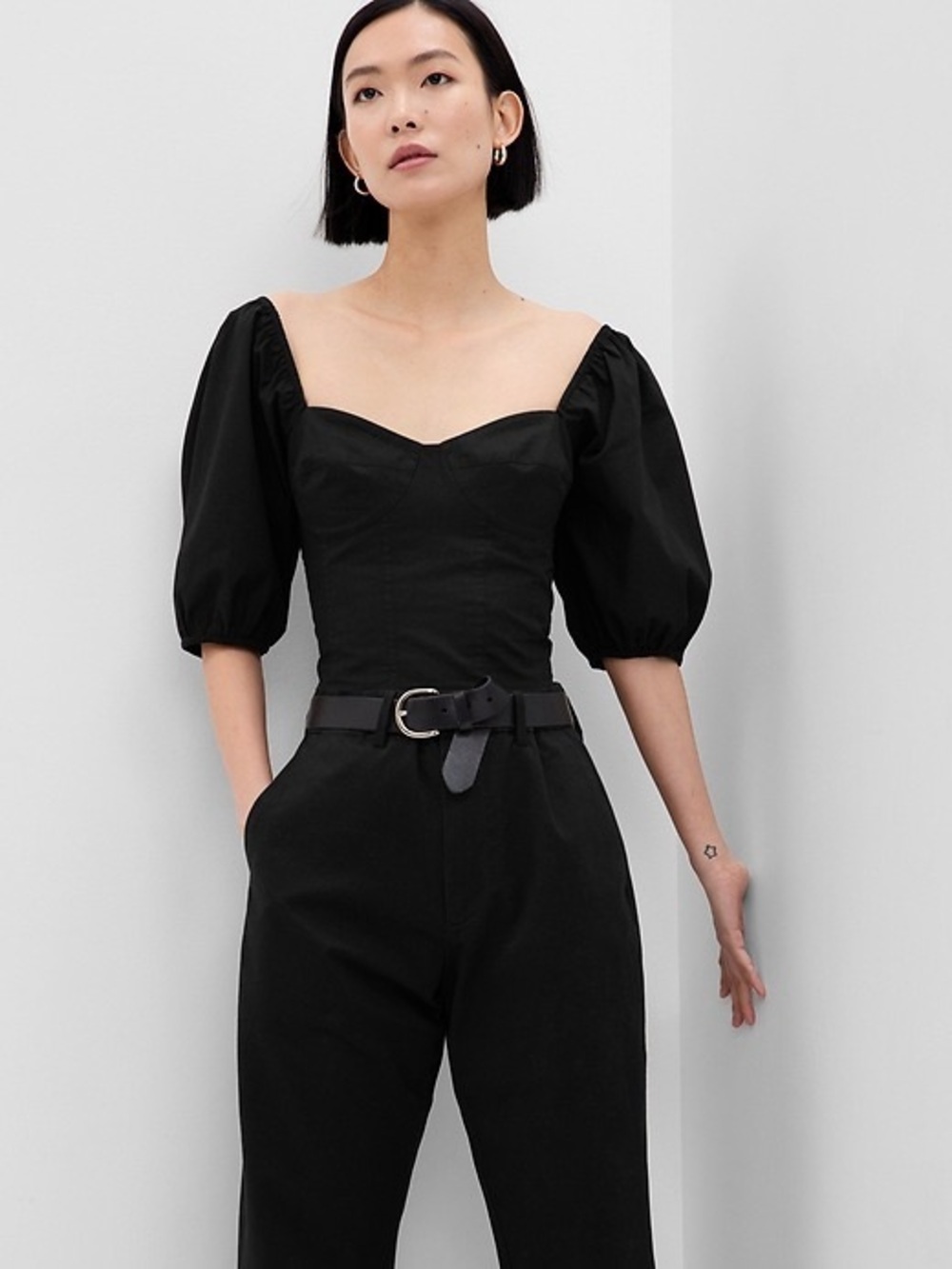 GAP Puff Sleeve Sweetheart Crop Top Black XXS